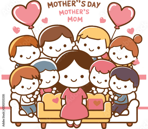 Mother’s Day Celebration Vector - Cute Kids and Mom with Heart Balloons Illustration
