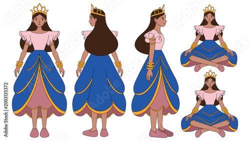 Young princess with crown and blue gown, multiple poses, representing royalty and youth.