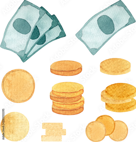 Money and coins. Hand painted gold coins and green money.