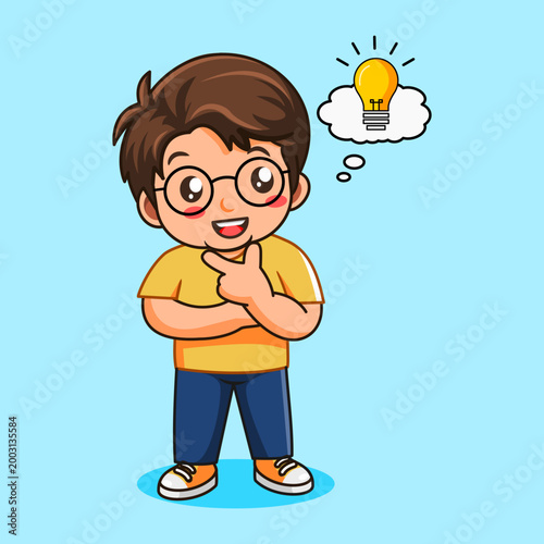 Little Boy Thinking got With Idea Lightbulb Sign Vector Illustration