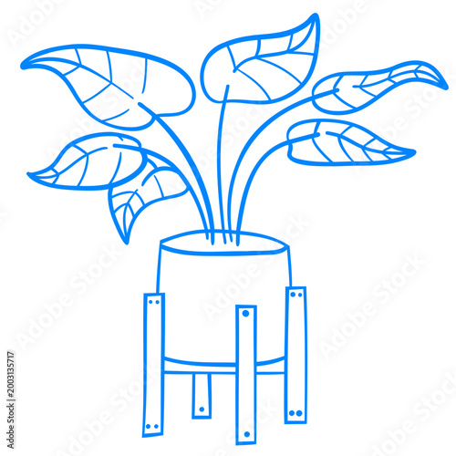 A houseplant bush with spreading leaves in a pot on a stand. Home decor and comfort items. Hand-drawn line art. Doodle vector graphics. Flat isolated icon in a Mediterranean blue style.