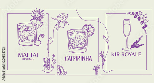Refreshing caipirinha cocktail with lime garnish, tropical brazilian drink line art illustration, summer alcoholic beverage hand drawn doodle, cold lime cocktail with ice cubes, bar menu and party dri