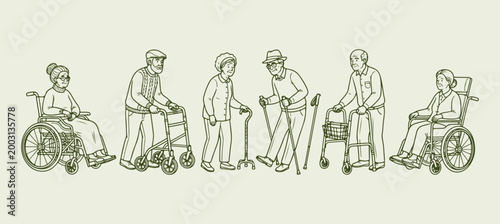 Senior citizens walking with mobility aids, elderly people using walkers and canes, geriatric care and rehabilitation line art, active aging and healthcare for seniors, group of older adults outdoors,