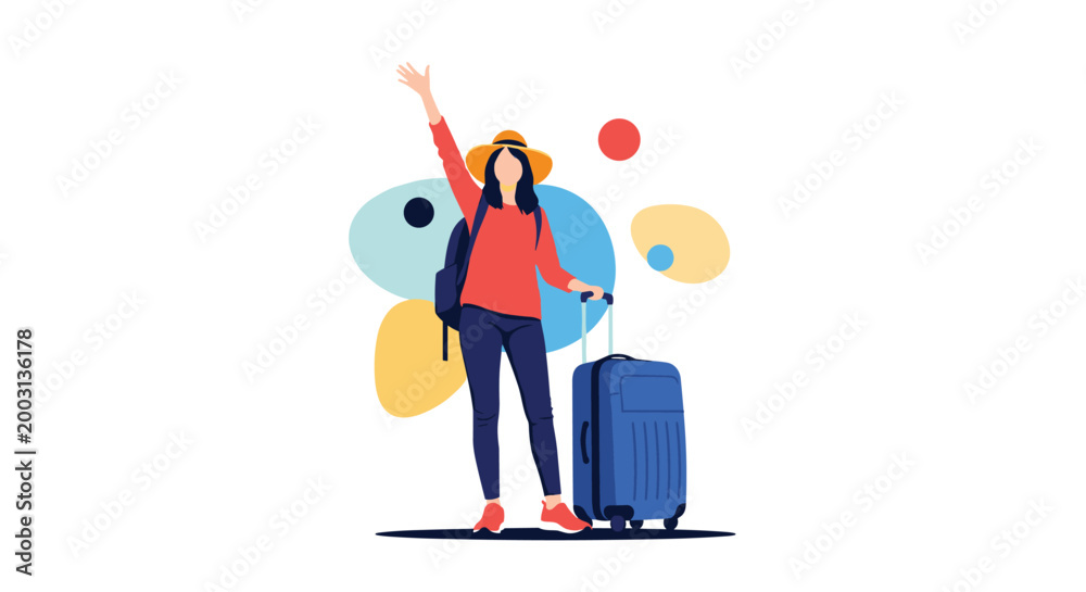 Fototapeta premium Happy female traveler wearing a sun hat with a backpack and suitcase, waving goodbye while embarking on an exciting journey.