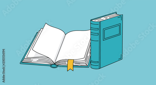 Open blank book with a yellow bookmark next to a closed teal hardcover book, symbolizing education and knowledge growth.