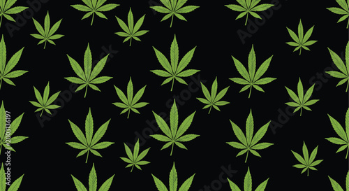 Seamless pattern of green cannabis marijuana leaves on a black background, perfect for textile and organic product branding.