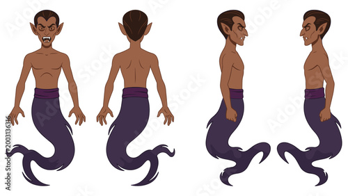 Illustration of mythical vampire creature with purple tail from multiple angles.