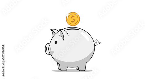 Large white piggy bank with a single gold dollar coin being deposited, representing simple savings habits and security.