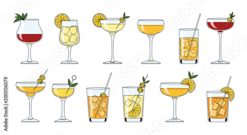 Collection of various alcoholic beverages and cocktails served in different glasses with garnishes like olives and fruit slices.