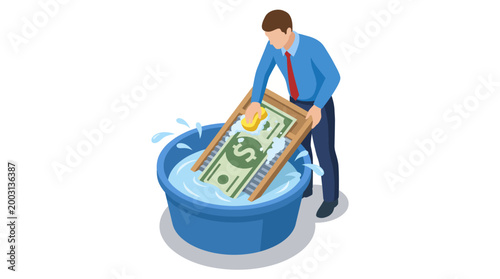 This image shows a man pouring a large bill into a bucket of water, symbolizing wastefulness or the act of throwing money away without consideration of its value.