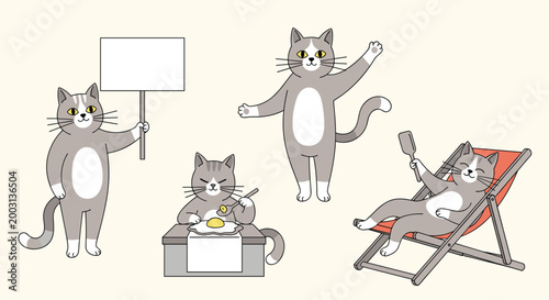 Adorable grey and white cartoon cats depicted in various funny activities such as eating, waving, and relaxing on a beach chair.