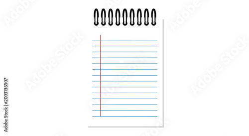 Simple illustration of a blank white spiral notebook page with blue lines and a red margin for writing and note taking.