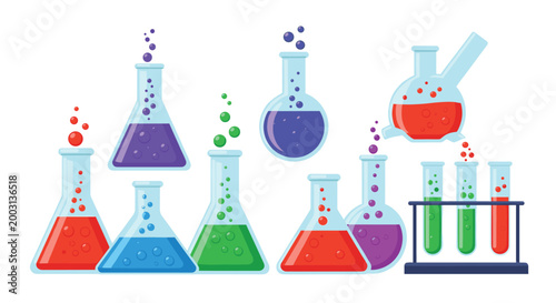 Extensive collection of laboratory glassware including beakers and flasks filled with vibrant liquids and rising bubbles for science.