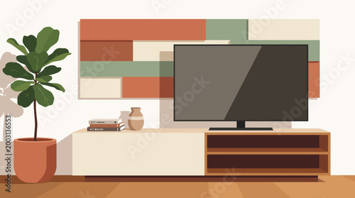 A stylish living room setting showcasing a modern TV positioned atop a sleek furniture piece against an artistic wall design, complemented by a beautiful plant.