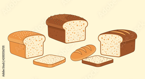 Variety of freshly baked bread loaves including seeded, whole wheat, and baguettes displayed with slices on a warm beige background.