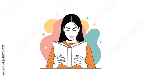 Young woman with long dark hair immersed in reading a book against a background of soft colorful abstract shapes.