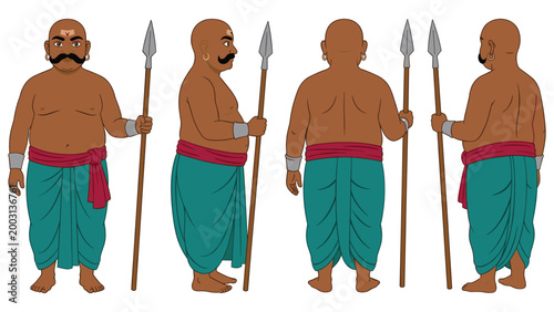 Character design sheet of fat middle aged man with mustache wearing dhoti and accessories.