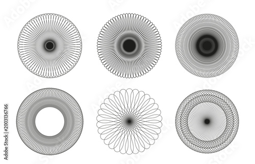 Abstract black line circular patterns arranged in a grid on white background geometric, decorative spirograph-inspired motifs.