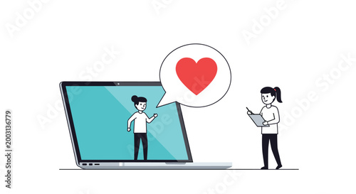 Woman outside a laptop interacting with a woman on the screen and a heart speech bubble representing online dating or therapy.