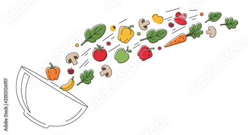 Assorted fresh vegetables including tomatoes, peppers, and greens fly into a white kitchen bowl in a dynamic food illustration.