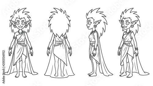 Character design sheet of cartoon fantasy elven girl with long wild hair and rustic dress.