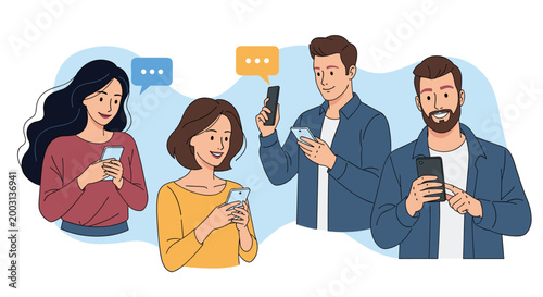 Diverse group of young men and women focused on their smartphones while using social media apps and chatting with friends.