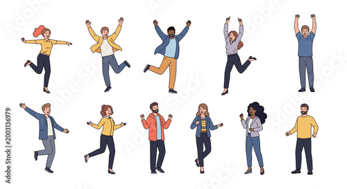 Diverse group of happy men and women in casual clothes are jumping and cheering with their arms raised in excitement.