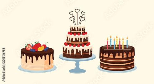Three delicious multi-layered chocolate cakes decorated with fresh fruit, candles, and heart toppers for a celebration.