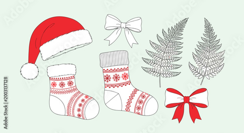 Festive collection of hand-drawn Christmas elements including a red santa hat, patterned socks, bows, and fern leaves.