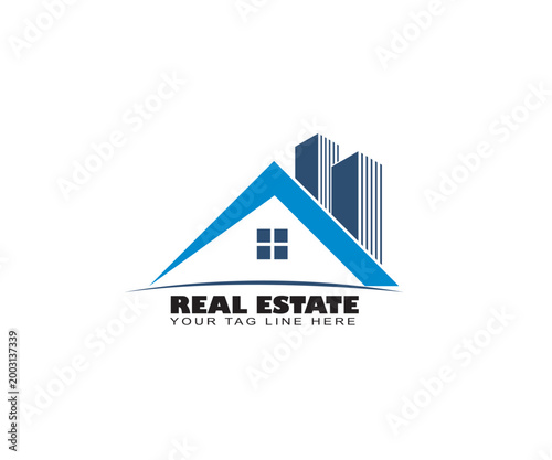 Real Estate Logo Template with House Roof and Urban Skyscrapers