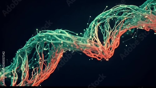Futuristic 3D visualization of genetic strands with glowing particles