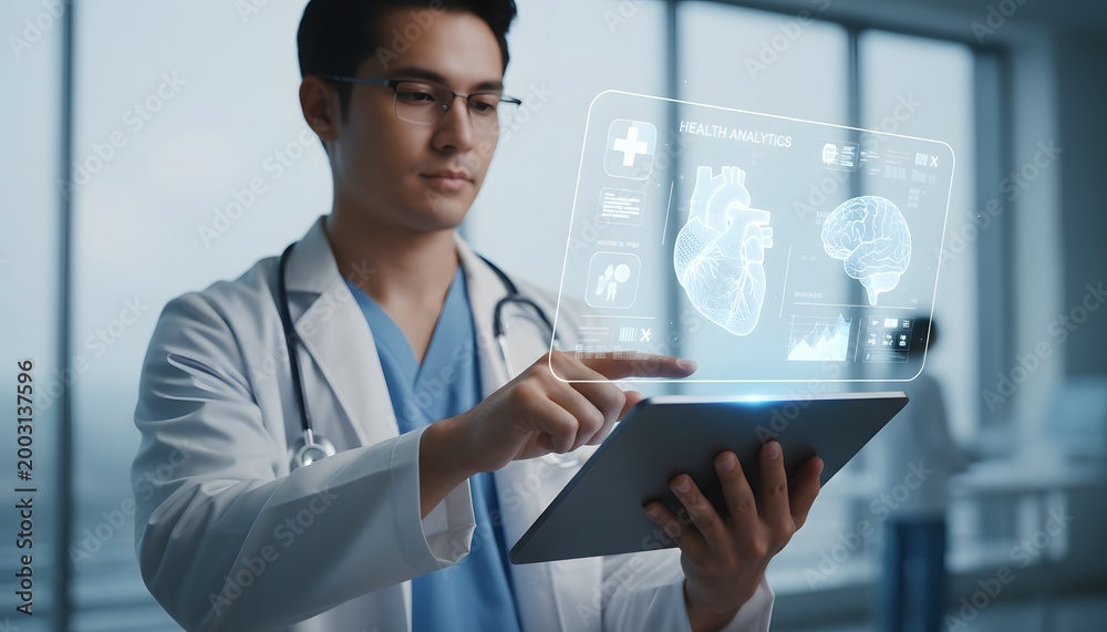 Obraz premium A doctor uses a futuristic holographic interface to analyze health data showing medical diagrams on a tablet