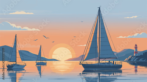 serene sailboats on calm water at sunset with lighthouse