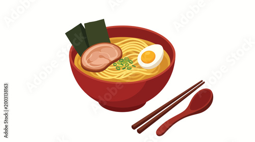 This illustration showcases a steaming bowl of ramen, featuring noodles, a soft-boiled egg, sliced pork, and garnishes, embodying the essence of Japanese culinary art.
