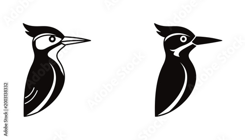 Woodpecker head profile icon set in outline and solid black graphic styles for wildlife bird watching and nature conservation design projects