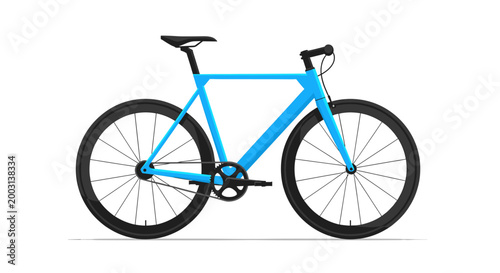 Fotografi A bright blue minimalist single-speed bicycle with black wheels and components on a white background