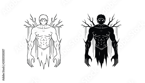 Mysterious forest spirit character illustration featuring muscular humanoid figure with tree branch antlers and roots in bold black and white ink style