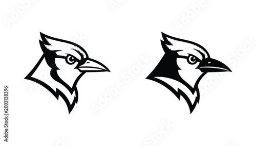 Blue jay head profile icon set in outline and solid black graphic styles for bird wildlife observation and mascot design projects