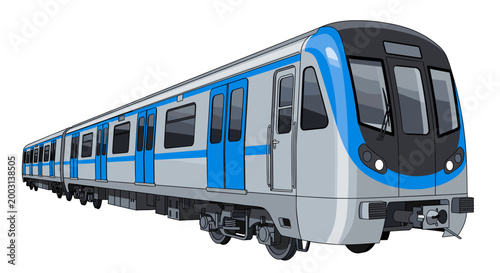 Photography A modern subway train with blue and silver carriages on a white background, designed for urban public transport