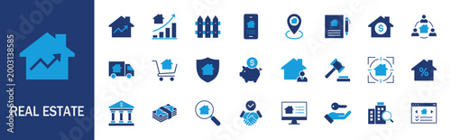 Real estate icon set. Containing realty, property, mortgage, home loan, rent, building, agent, house, realtor, home sale, and more
