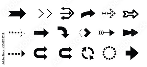 Pixel art arrow icon collection, flat vector direction symbols, navigation arrows in retro 8 bit style with simple geometric shapes for games, interfaces, websites, and digital design