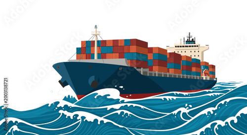 Photos A large cargo ship carrying many containers sails through choppy blue ocean waves under a white sky