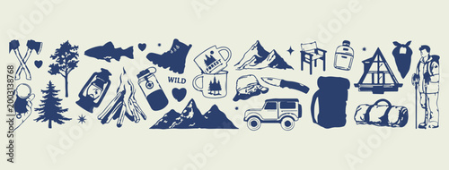 Mountain travel and adventure hiking, outdoor camping gear line art, wilderness exploration hand drawn doodle, mountain climbing and road trip sketch, minimalist nature adventure vector illustration, 