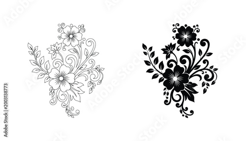 Floral arrangement with blooming flowers and decorative swirling vines in black and white vector style for elegant nature-inspired graphic design