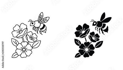 Cute cartoon bee buzzing around a cluster of wildflowers in black and white vector style for playful nature and garden themed design projects