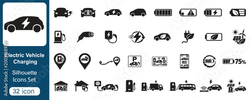 Electric Vehicle Charging Silhouette Icon Set 32 Icons, EV Battery Charger Energy Transport Vector