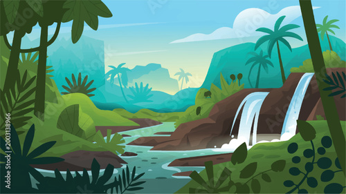 tropical jungle landscape with waterfall and river  serene natural scenery