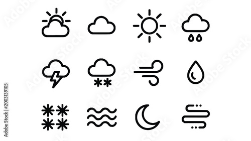 Weather forecast icons for sunny cloudy rainy snowy windy conditions