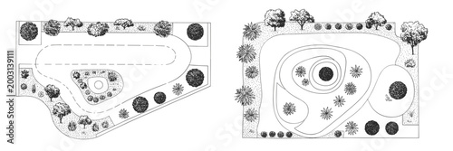 Black and white architectural of two garden with trees and pathways garden plan landscape architectural blueprint