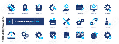 Maintenance icon set. repair, service, engineering, equipment, system. solid style icon collection.